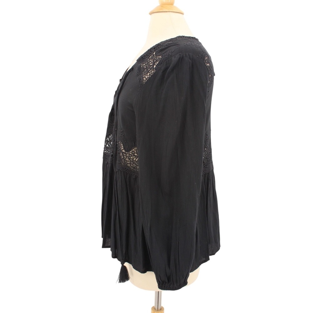 American Eagle Peasant Blouse Medium Black Embroidered Bohemian‎ Peplum Gauze - Picture 2 of 11
